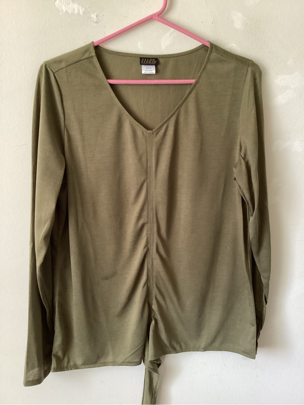 Salon Studio Casual Olive Green V-Neck Ruched Tie-Front Top